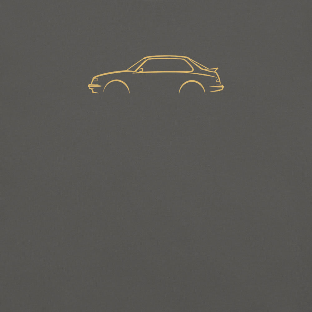 Saab 900 Turbo Signature Tee in Pepper — close-up of the car drawing on fabric