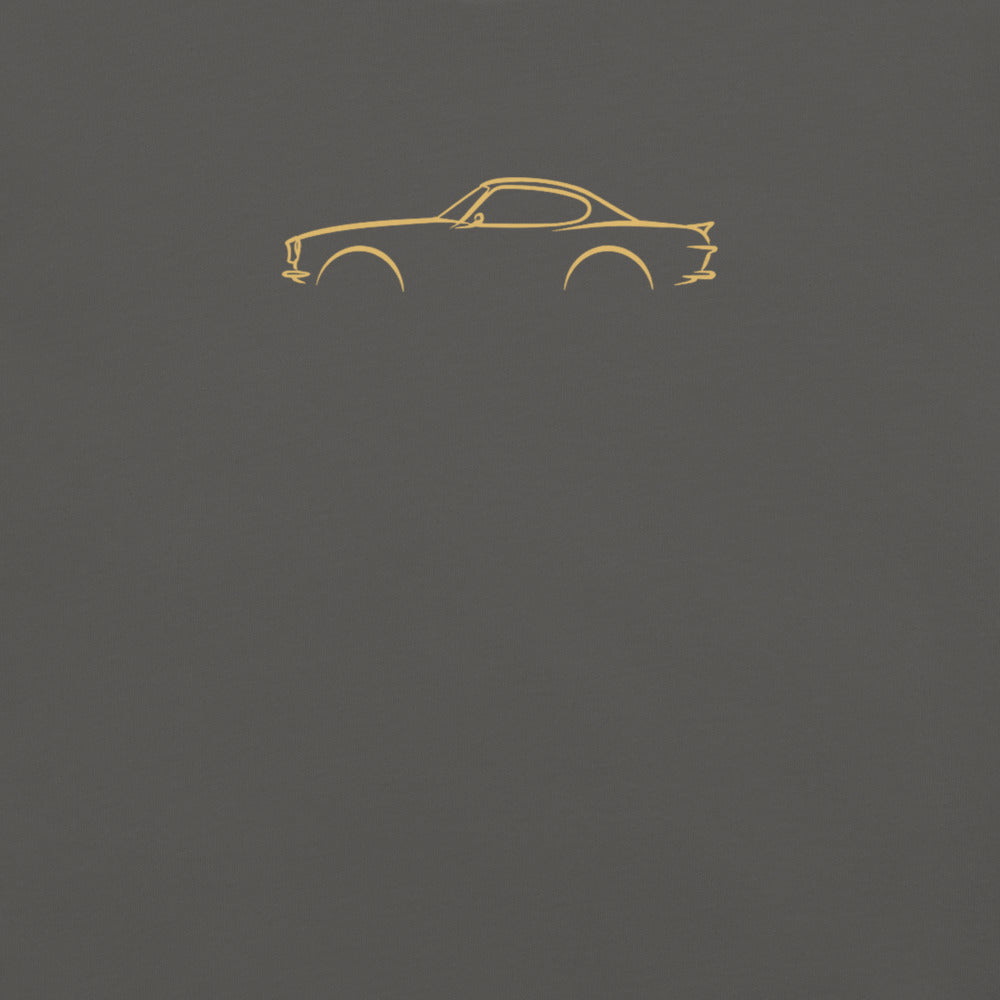 Volvo P1800 Signature Tee in Pepper — close-up of the car drawing on fabric