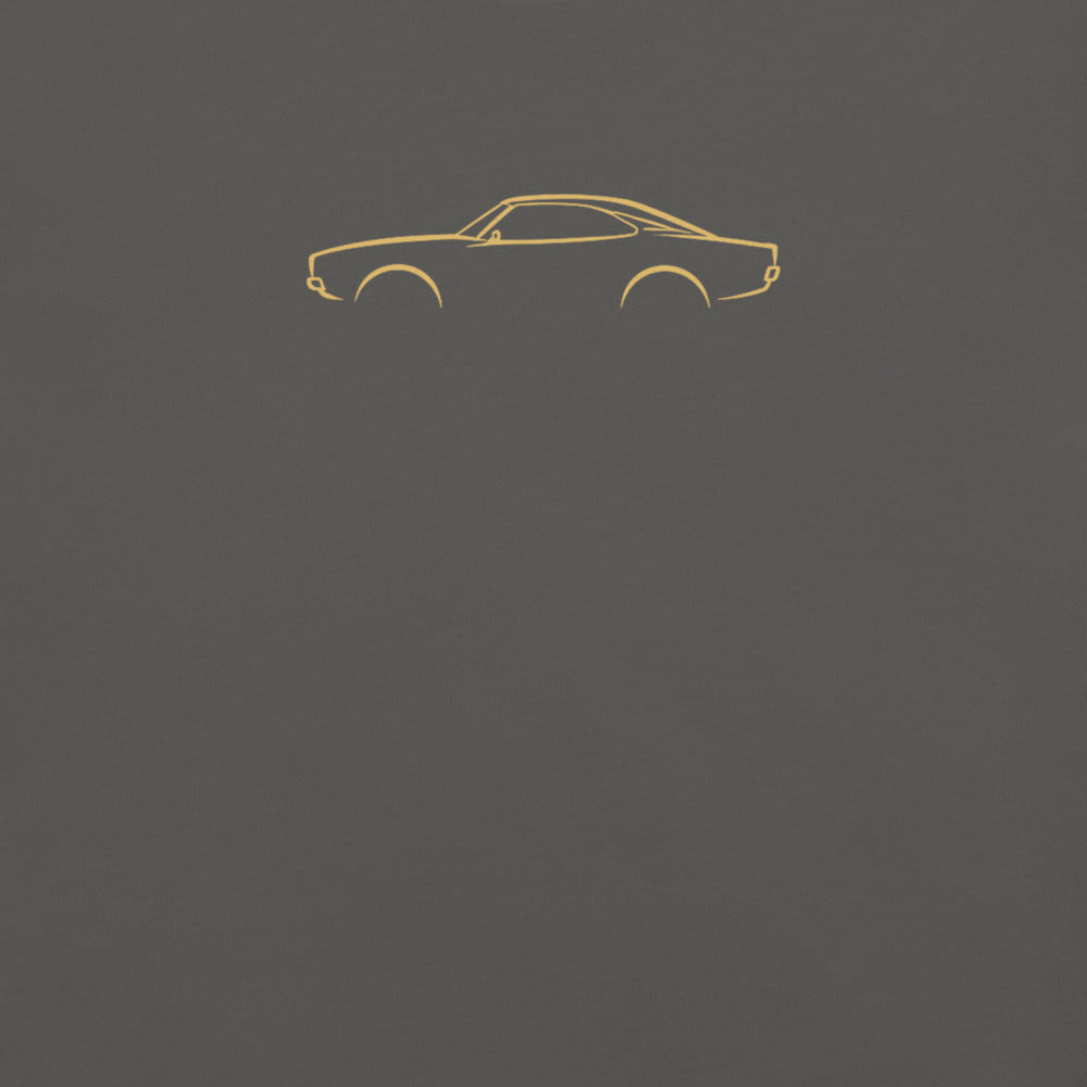 Dodge Charger (1969) Signature Tee in Pepper — close-up of the car drawing on fabric