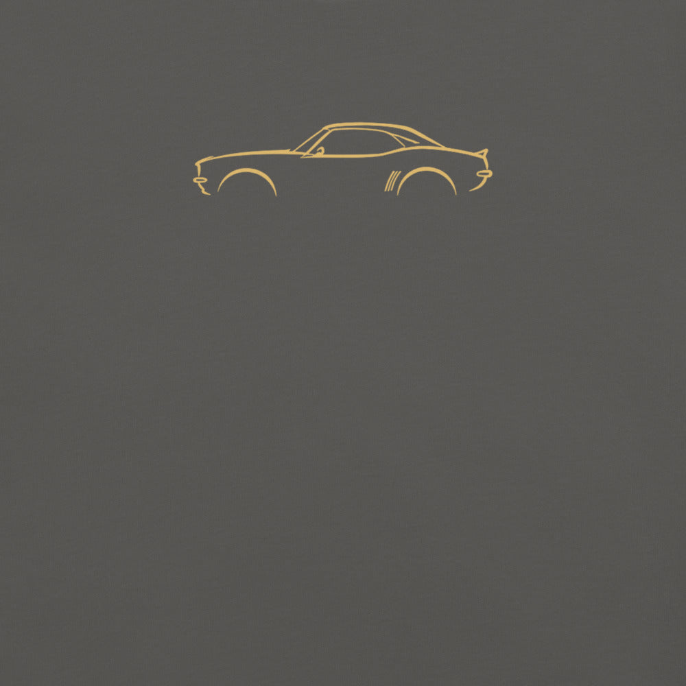 Chevrolet Camaro (1969) Signature Tee in Pepper — close-up of the car drawing on fabric
