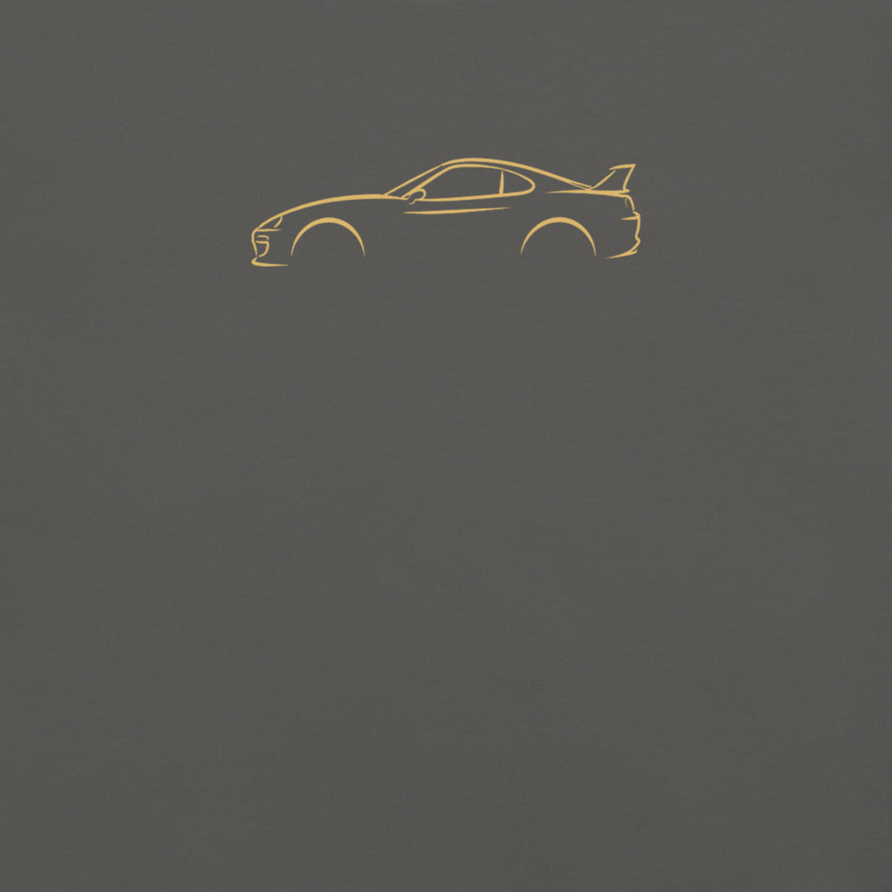 Toyota Supra (A80) Signature Tee in Pepper — close-up of the car drawing on fabric