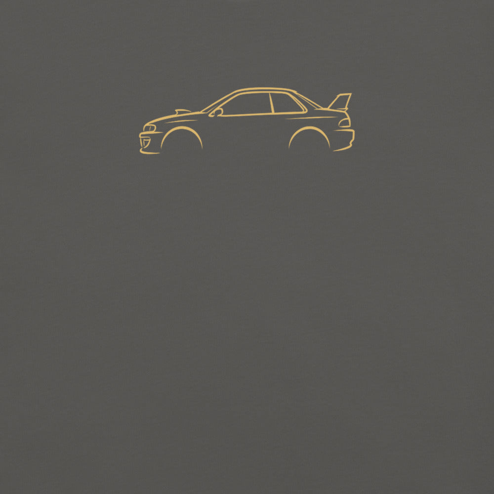 Subaru Impreza 22B Signature Tee in Pepper — close-up of the car drawing on fabric