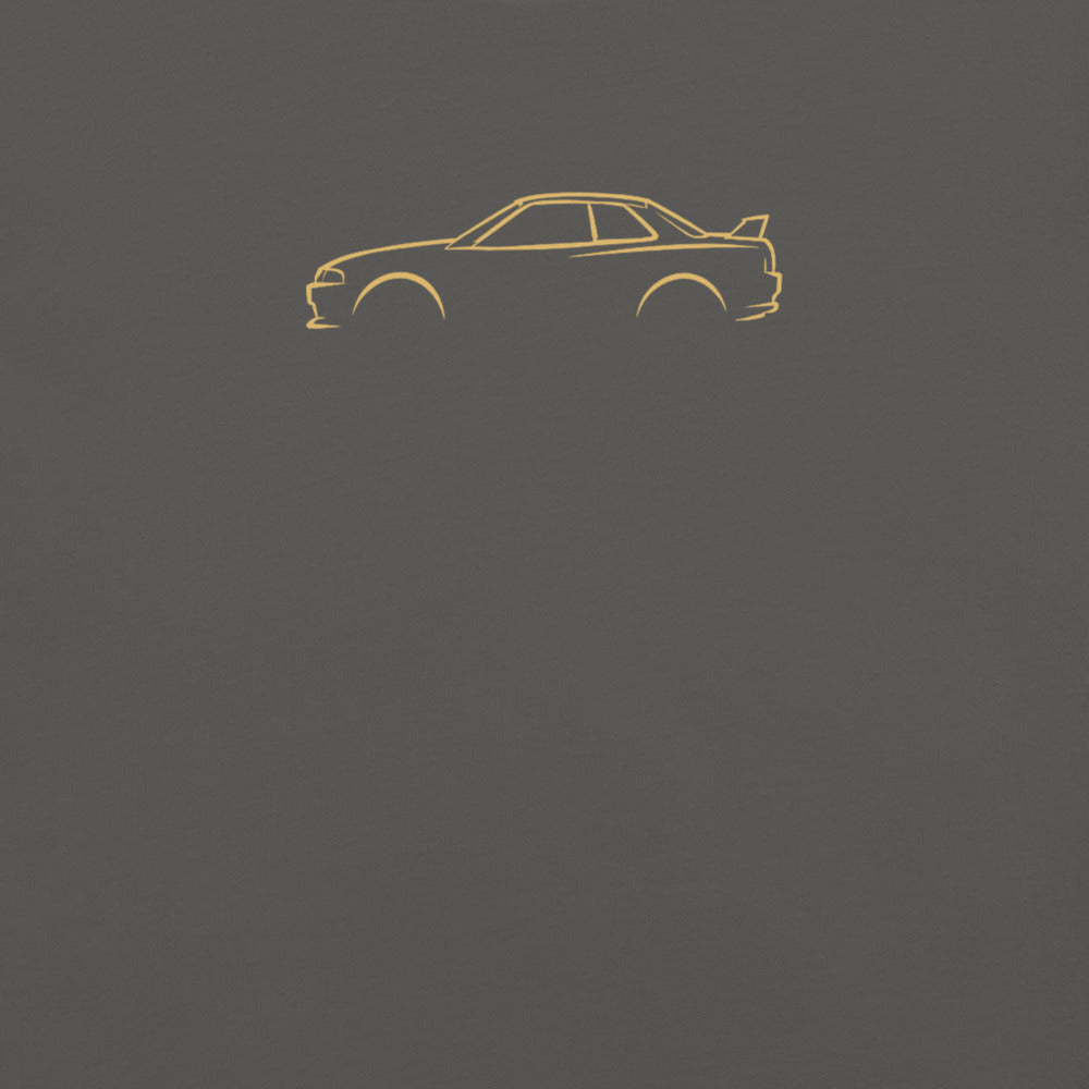 Nissan Skyline GT-R (R32) Signature Tee in Pepper — close-up of the car drawing on fabric
