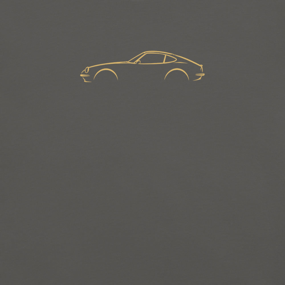 Datsun 240Z Signature Tee in Pepper — close-up of the car drawing on fabric