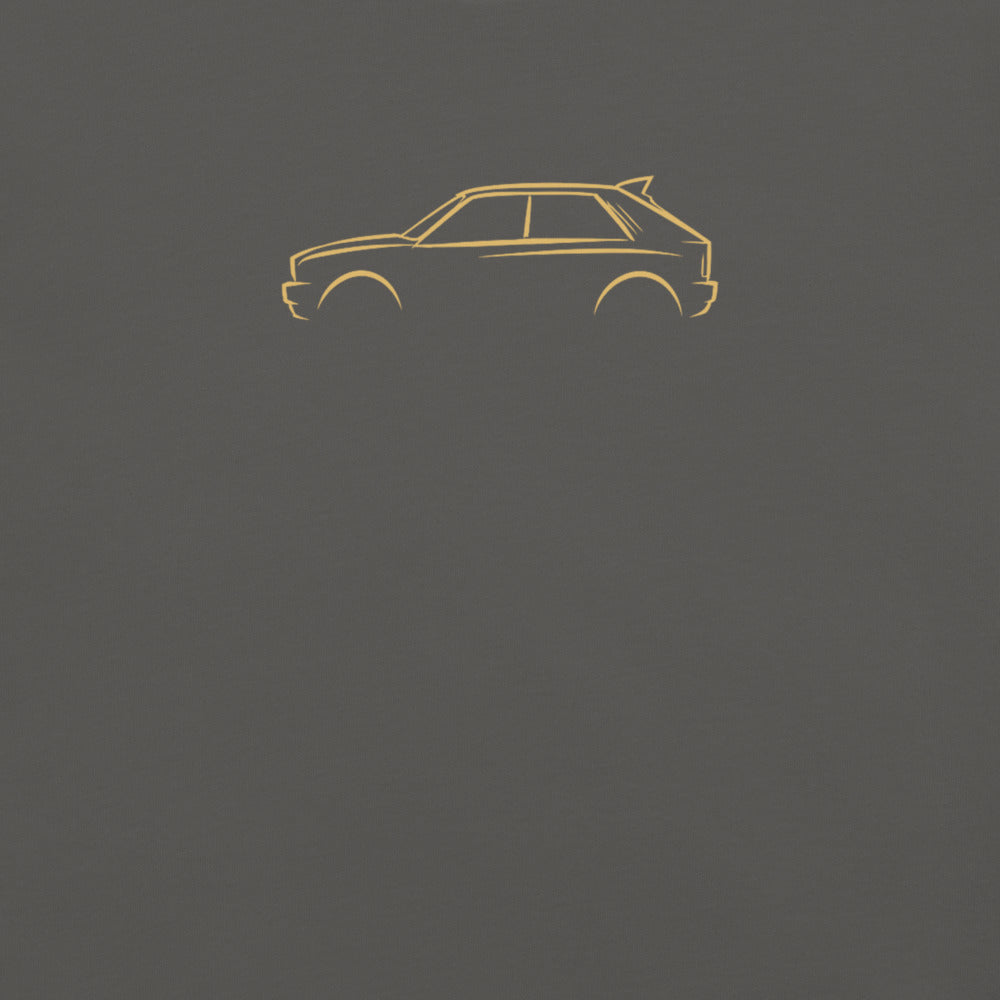 Lancia Delta Integrale Evo Signature Tee in Pepper — close-up of the car drawing on fabric