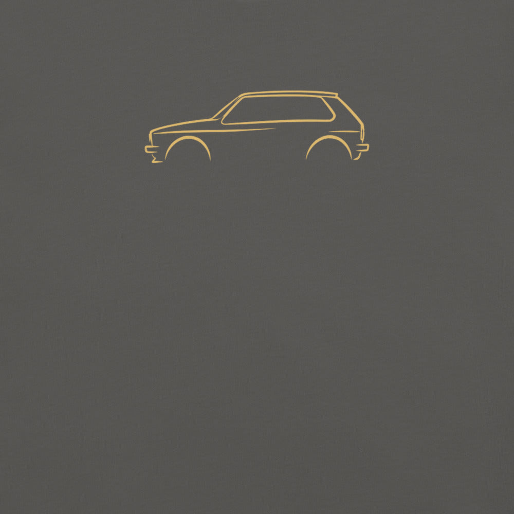 Volkswagen Golf GTI Mk1 Signature Tee in Pepper — close-up of the car drawing on fabric