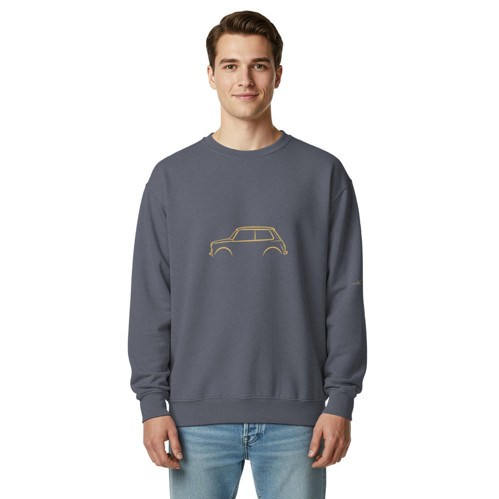 Classic Mini Cooper Garment-Dyed Sweatshirt in Denim — model wearing the garment