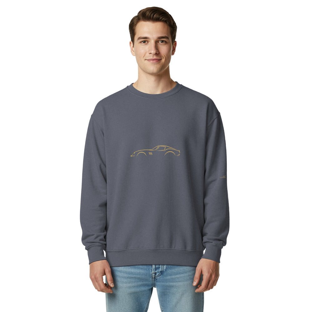 Ferrari 250 GTO Garment-Dyed Sweatshirt in Denim — model wearing the garment