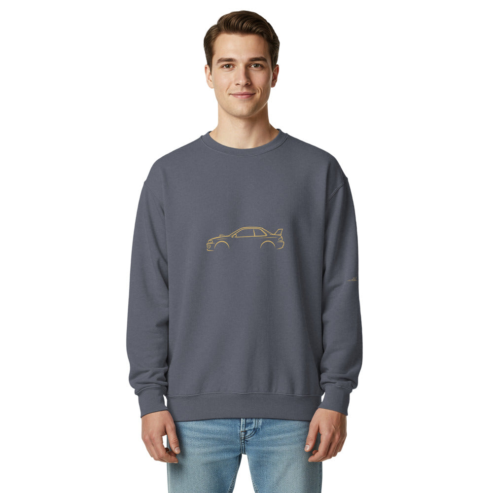 Subaru Impreza 22B Garment-Dyed Sweatshirt in Denim — model wearing the garment