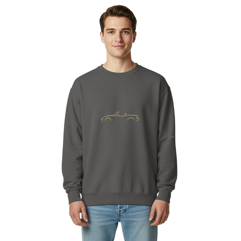 Mazda MX-5 (NA) Garment-Dyed Sweatshirt in Pepper — model wearing the garment