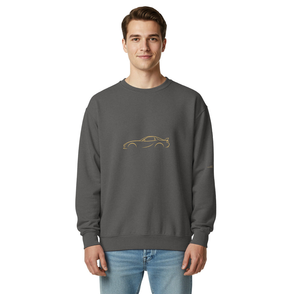Mazda RX-7 (FD) Garment-Dyed Sweatshirt in Pepper — model wearing the garment