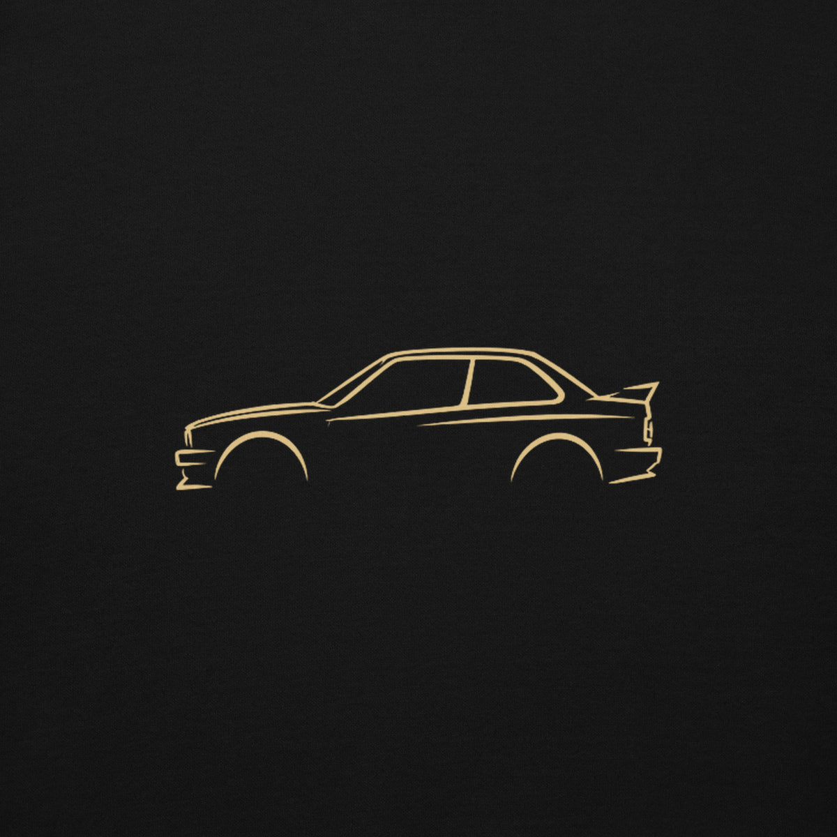 BMW M3 (E30) Premium Hoodie — Core Colors in Black — close-up of the car drawing on fabric