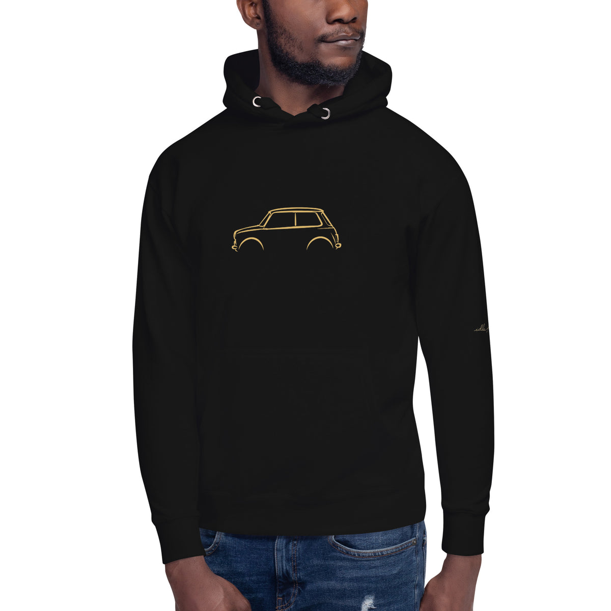 Classic Mini Cooper Premium Hoodie — Core Colors in Black — model wearing the hoodie