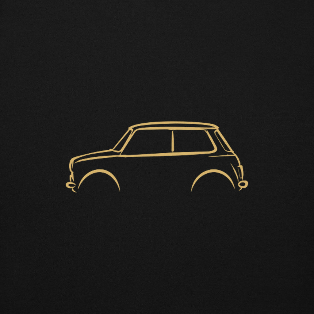 Classic Mini Cooper Premium Hoodie — Core Colors in Black — close-up of the car drawing on fabric