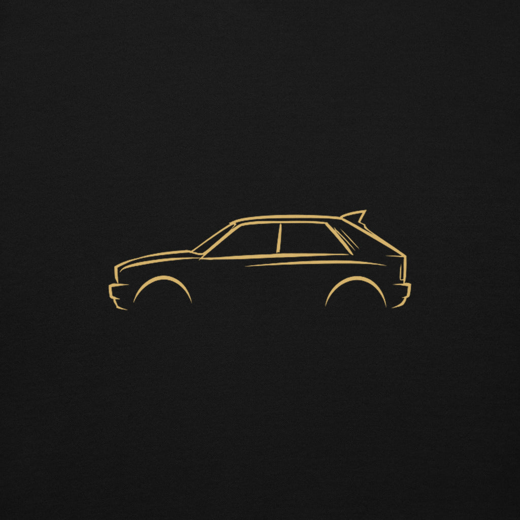 Lancia Delta Integrale Evo Premium Hoodie — Core Colors in Black — close-up of the car drawing on fabric