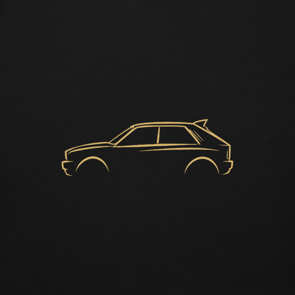 Lancia Delta Integrale Evo Premium Hoodie — Core Colors in Black — close-up of the car drawing on fabric