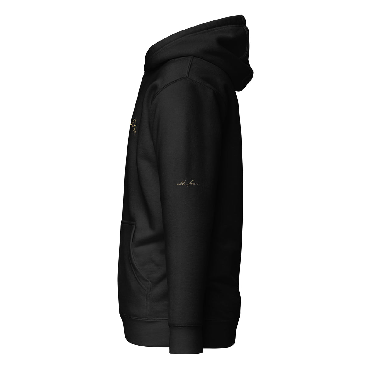 Toyota 2000GT Premium Hoodie in Black — left sleeve IDLE FORM logo