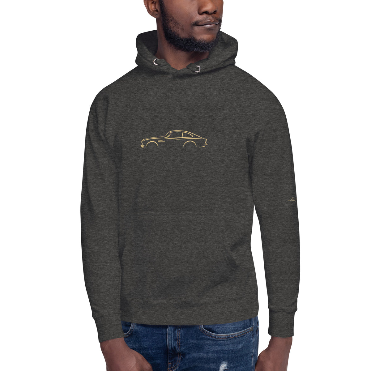 Aston Martin DB5 Premium Hoodie — Core Colors in Charcoal Heather — model wearing the hoodie
