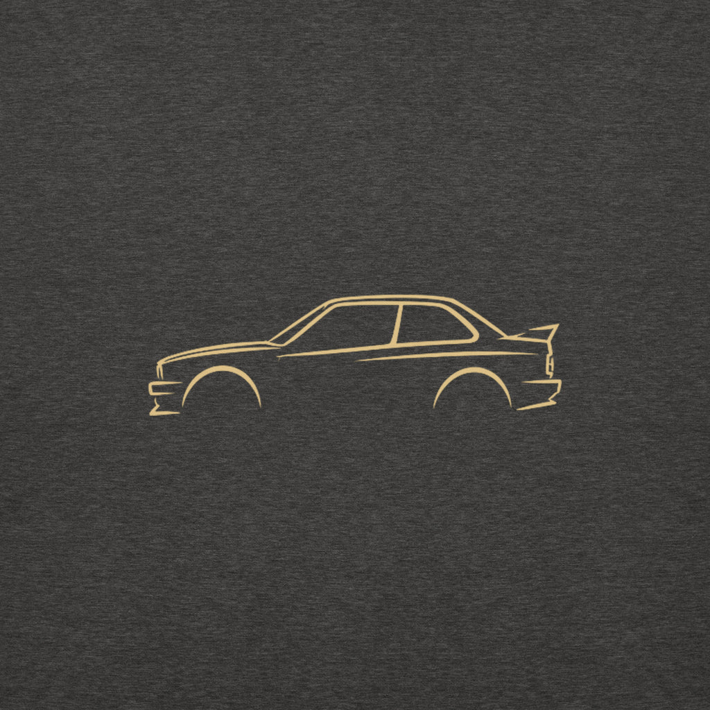 BMW M3 (E30) Premium Hoodie — Core Colors in Charcoal Heather — close-up of the car drawing on fabric