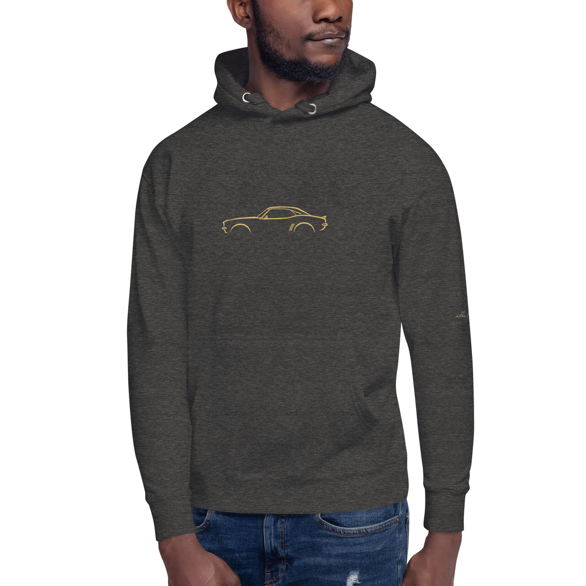 Chevrolet Camaro (1969) Premium Hoodie — Core Colors in Charcoal Heather — model wearing the hoodie