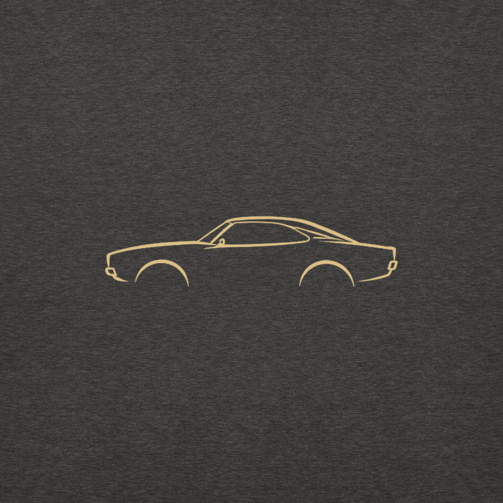 Dodge Charger (1969) Premium Hoodie — Core Colors in Charcoal Heather — close-up of the car drawing on fabric