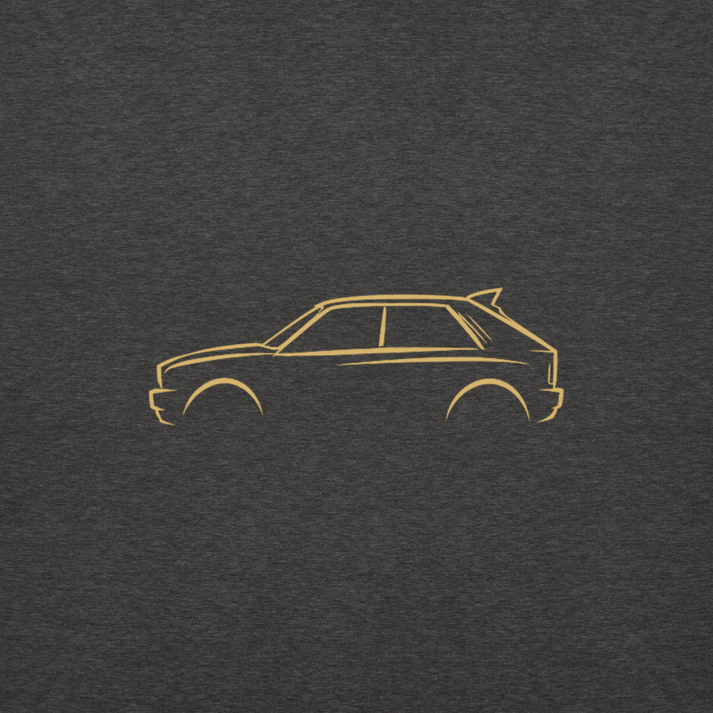 Lancia Delta Integrale Evo Premium Hoodie — Core Colors in Charcoal Heather — close-up of the car drawing on fabric