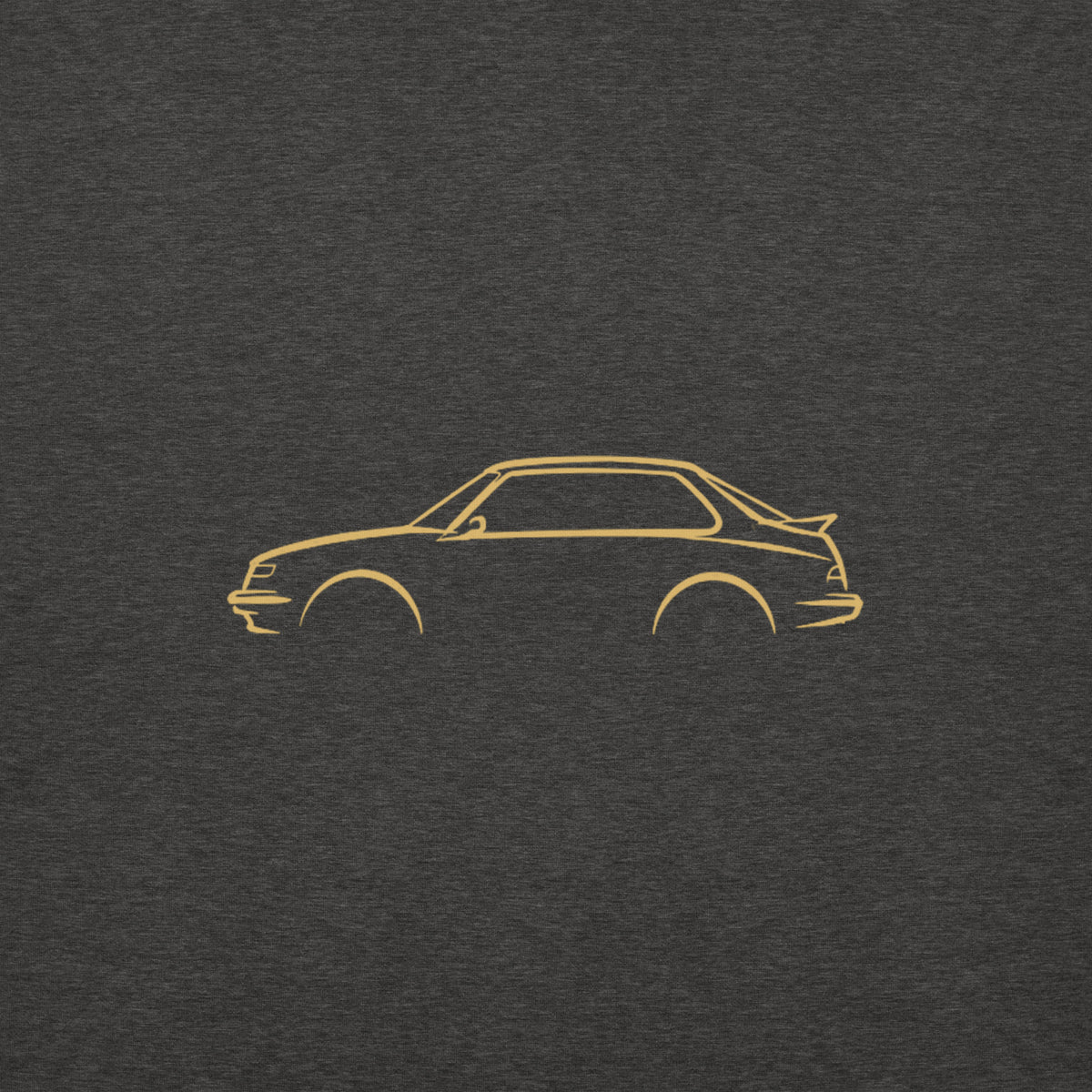 Saab 900 Turbo Premium Hoodie — Core Colors in Charcoal Heather — close-up of the car drawing on fabric
