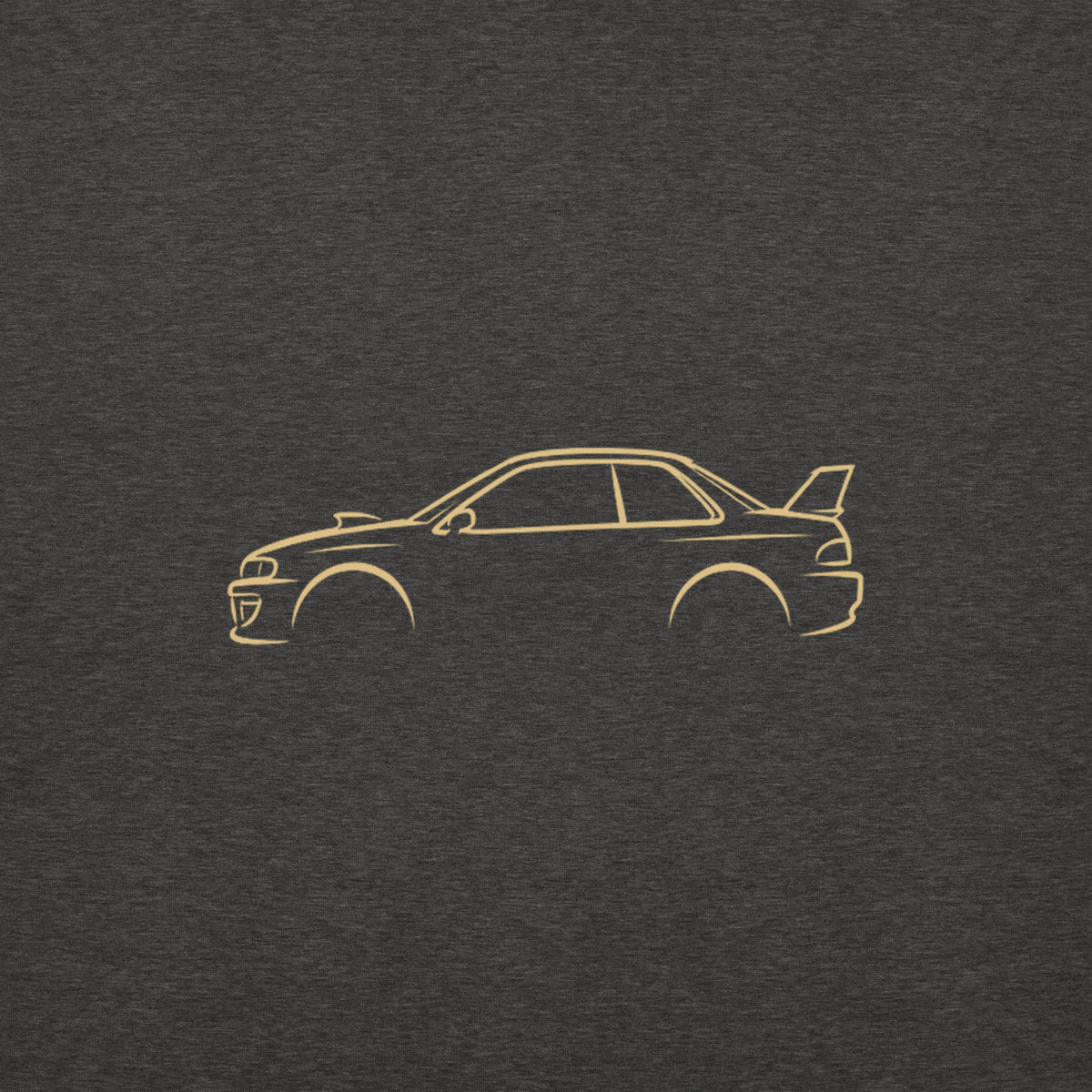 Subaru Impreza 22B Premium Hoodie — Core Colors in Charcoal Heather — close-up of the car drawing on fabric
