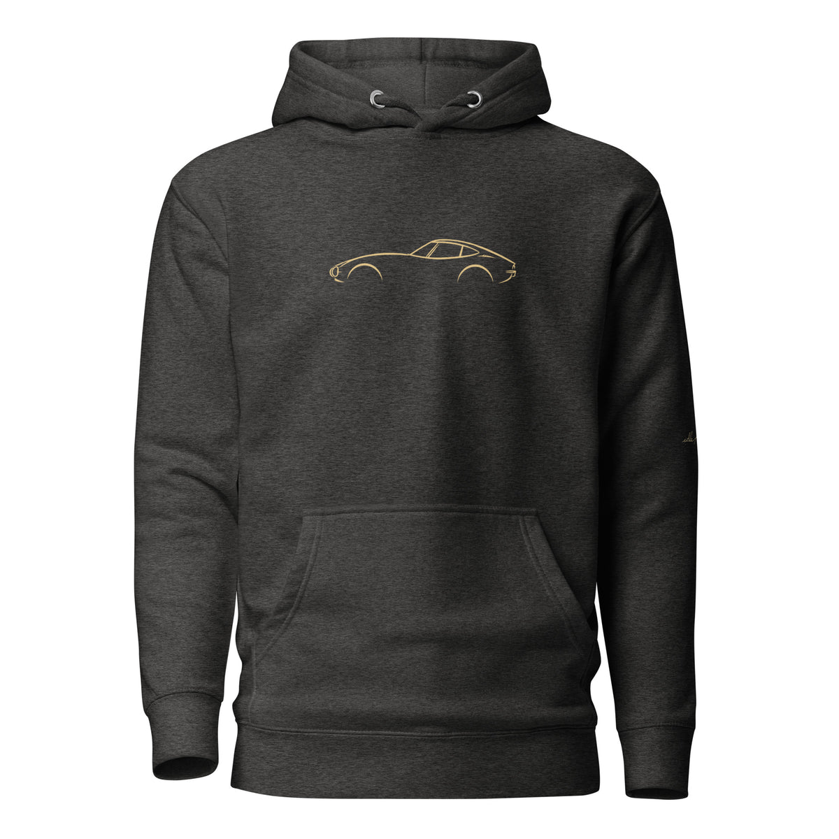 Toyota 2000GT Premium Hoodie in Charcoal Heather — front view with centered gold chest artwork