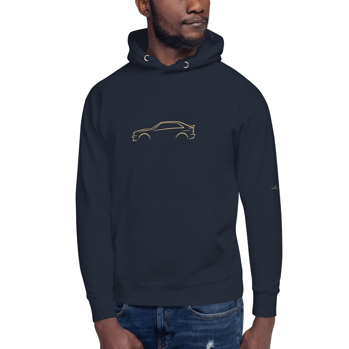 Audi Ur-quattro Premium Hoodie — Core Colors in Navy Blazer — model wearing the hoodie