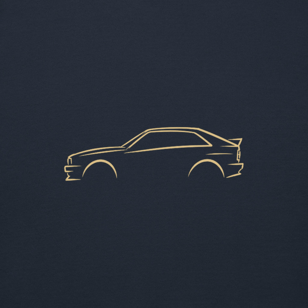 Audi Ur-quattro Premium Hoodie — Core Colors in Navy Blazer — close-up of the car drawing on fabric