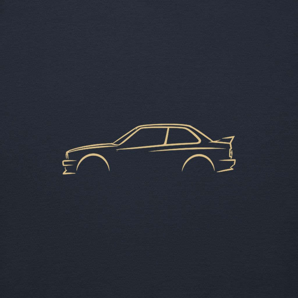 BMW M3 (E30) Premium Hoodie — Core Colors in Navy Blazer — close-up of the car drawing on fabric