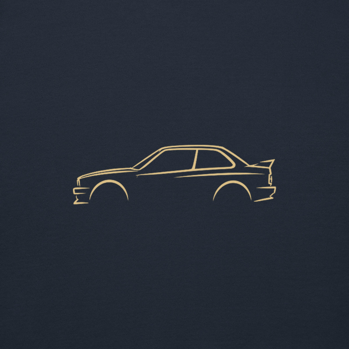 BMW M3 (E30) Premium Hoodie — Core Colors in Navy Blazer — close-up of the car drawing on fabric