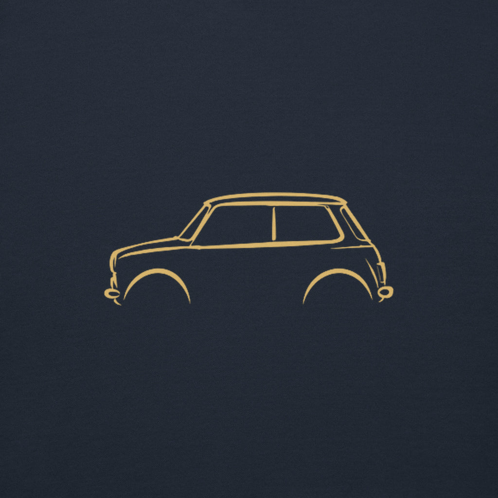 Classic Mini Cooper Premium Hoodie — Core Colors in Navy Blazer — close-up of the car drawing on fabric