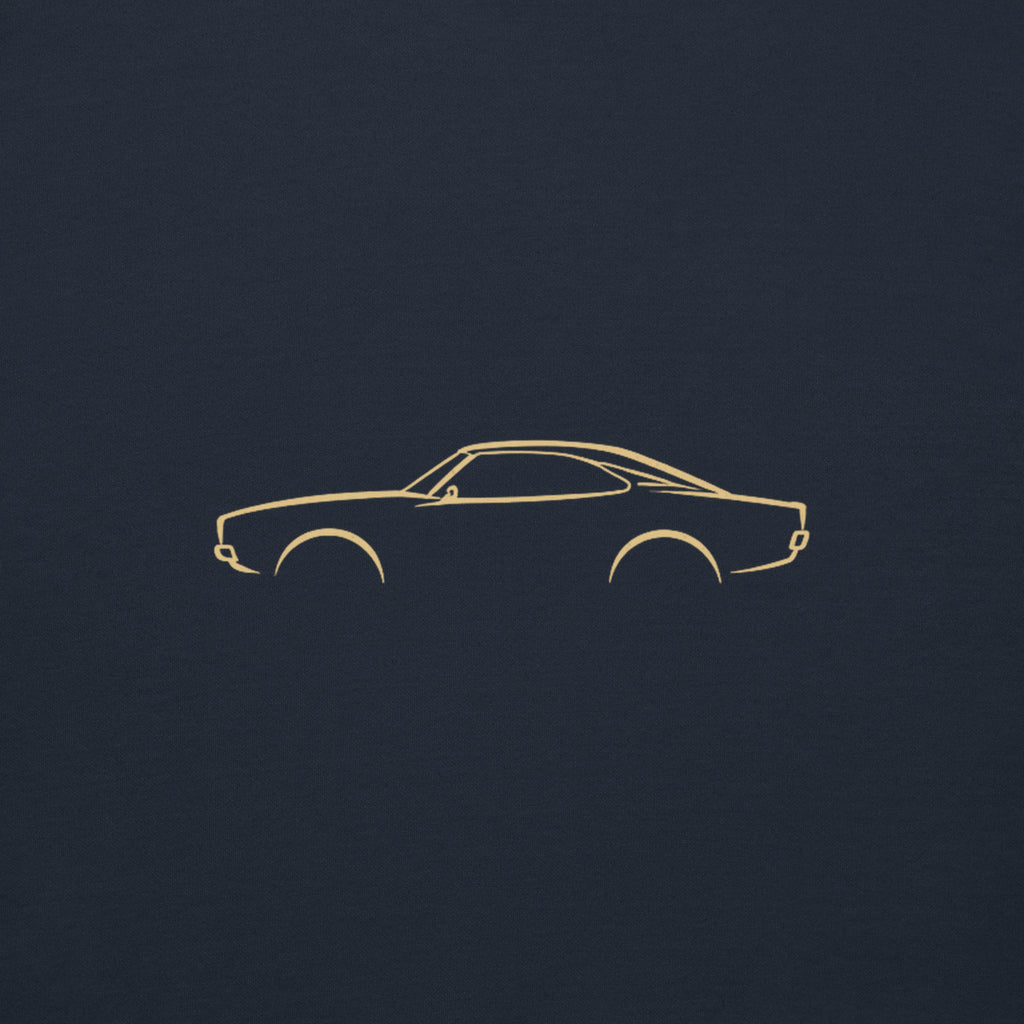 Dodge Charger (1969) Premium Hoodie — Core Colors in Navy Blazer — close-up of the car drawing on fabric