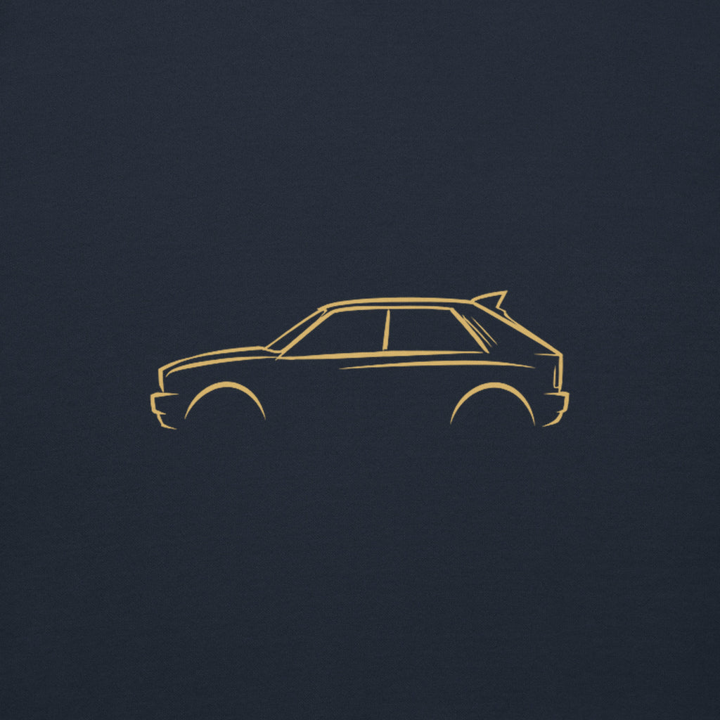 Lancia Delta Integrale Evo Premium Hoodie — Core Colors in Navy Blazer — close-up of the car drawing on fabric