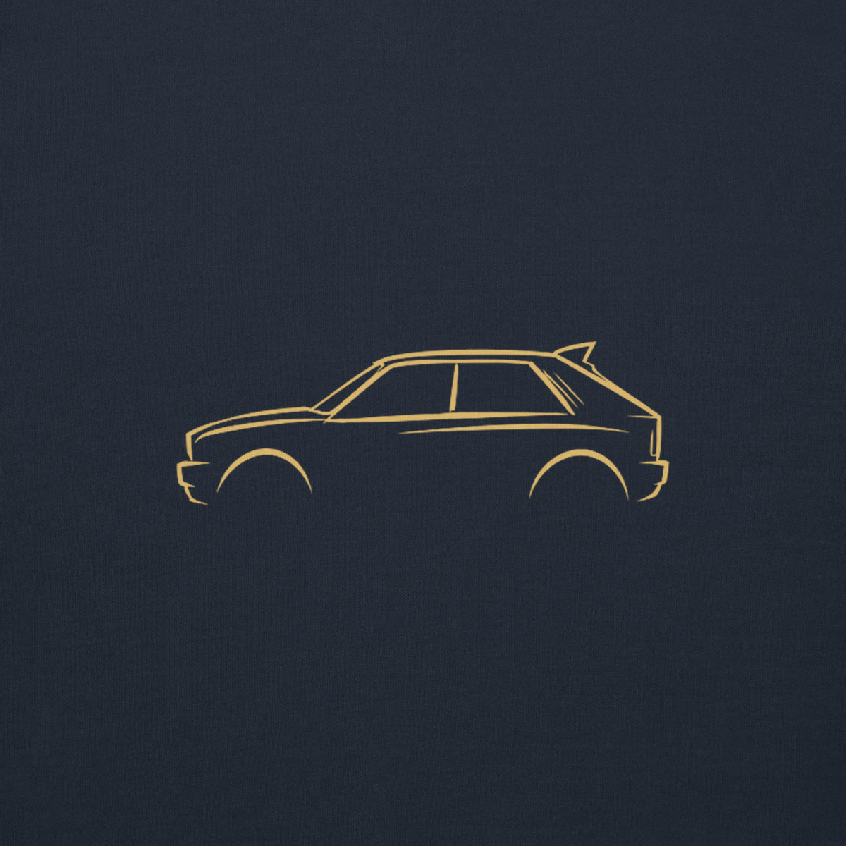 Lancia Delta Integrale Evo Premium Hoodie — Core Colors in Navy Blazer — close-up of the car drawing on fabric