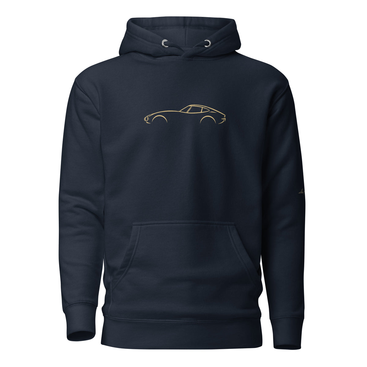 Toyota 2000GT Premium Hoodie in Navy Blazer — front view with centered gold chest artwork