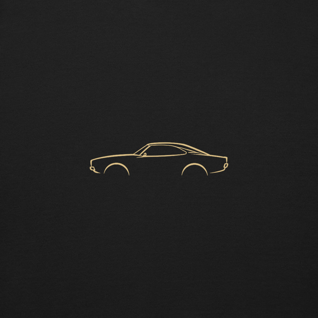Dodge Charger (1969) Premium Sweatshirt — Core Colors in Black — close-up of the car drawing on fabric