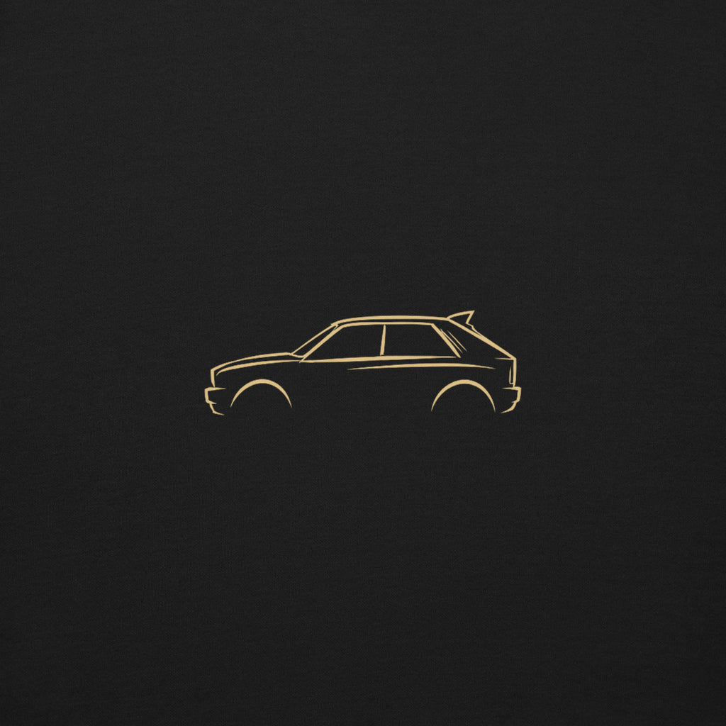 Lancia Delta Integrale Evo Premium Sweatshirt — Core Colors in Black — close-up of the car drawing on fabric