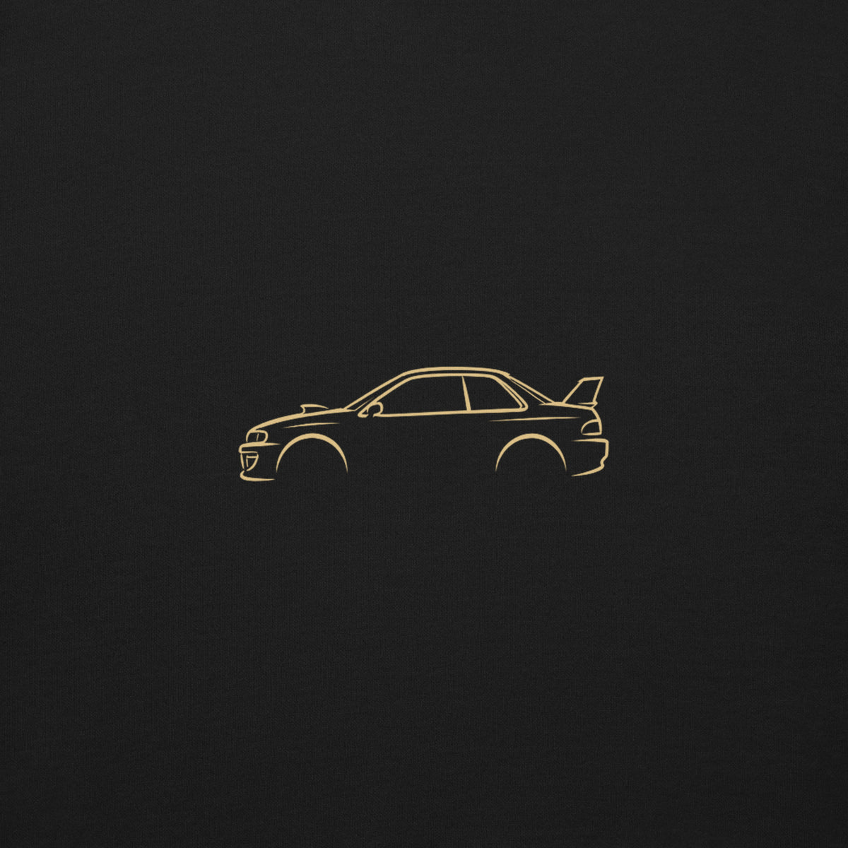Subaru Impreza 22B Premium Sweatshirt — Core Colors in Black — close-up of the car drawing on fabric
