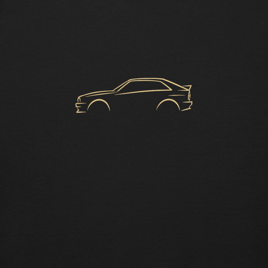 Audi Ur-quattro Premium Sweatshirt — Core Colors in Black — close-up of the car drawing on fabric