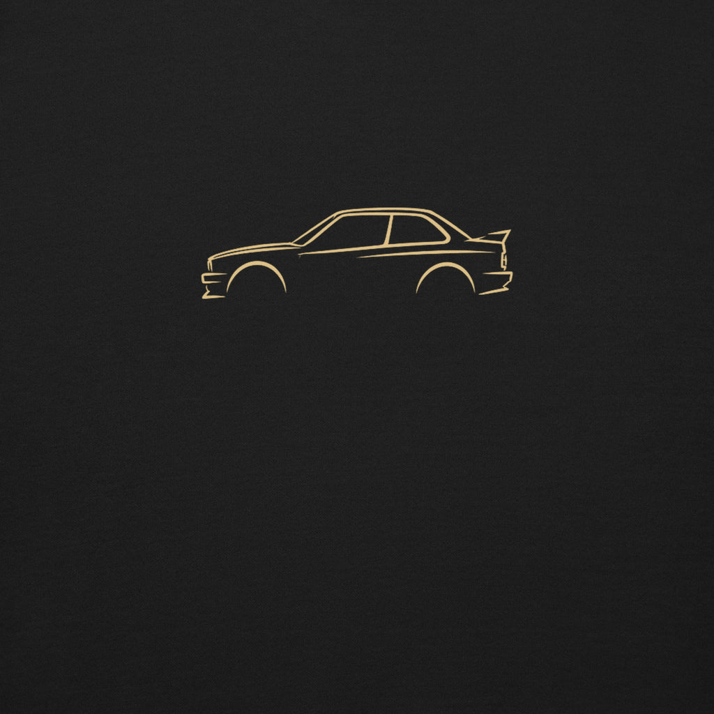 BMW M3 (E30) Premium Sweatshirt — Core Colors in Black — close-up of the car drawing on fabric