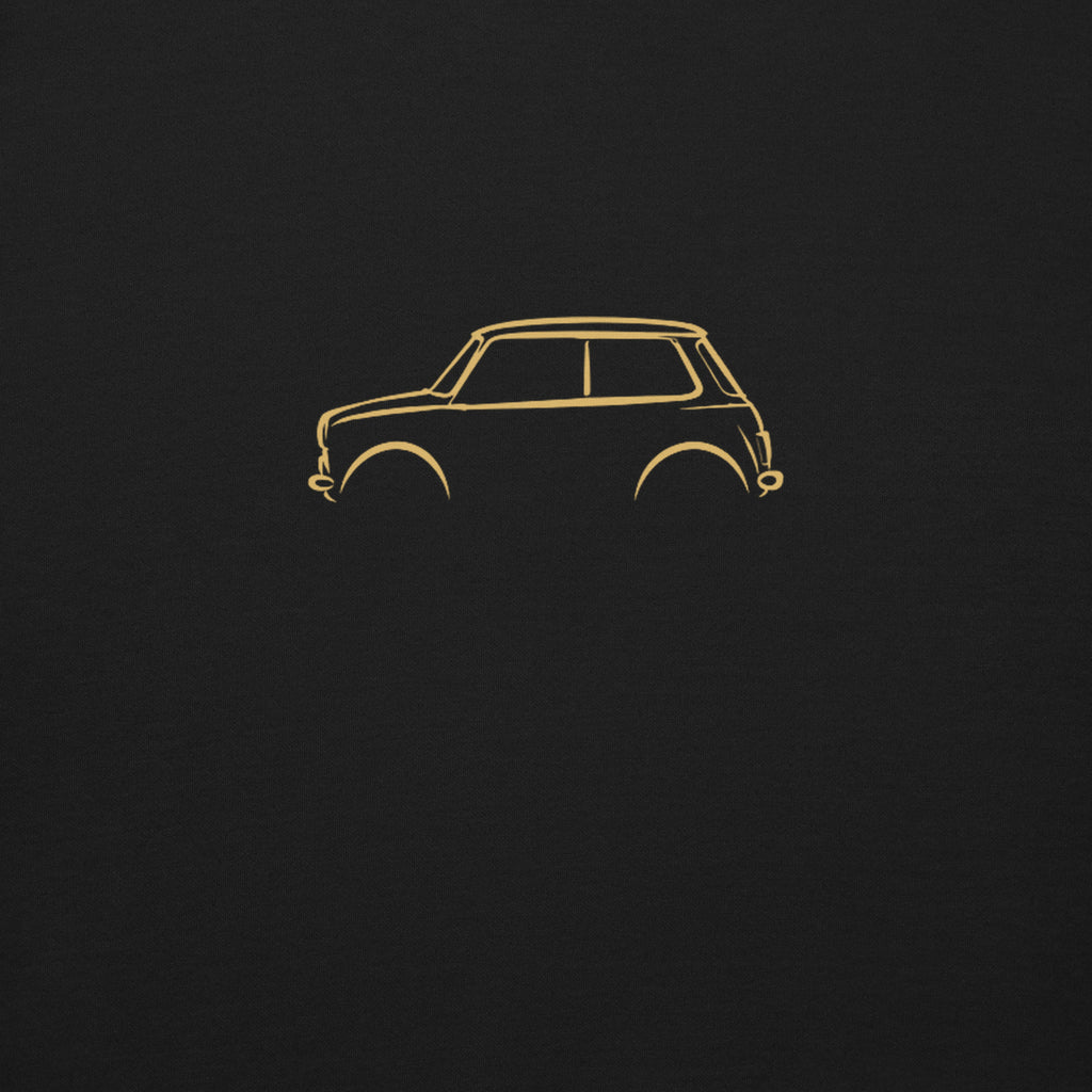 Classic Mini Cooper Premium Sweatshirt — Core Colors in Black — close-up of the car drawing on fabric