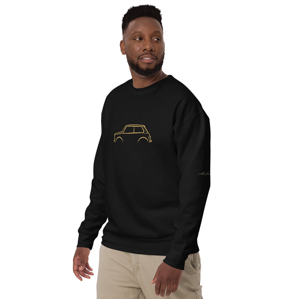 Classic Mini Cooper Premium Sweatshirt — Core Colors in Black — model wearing the sweatshirt