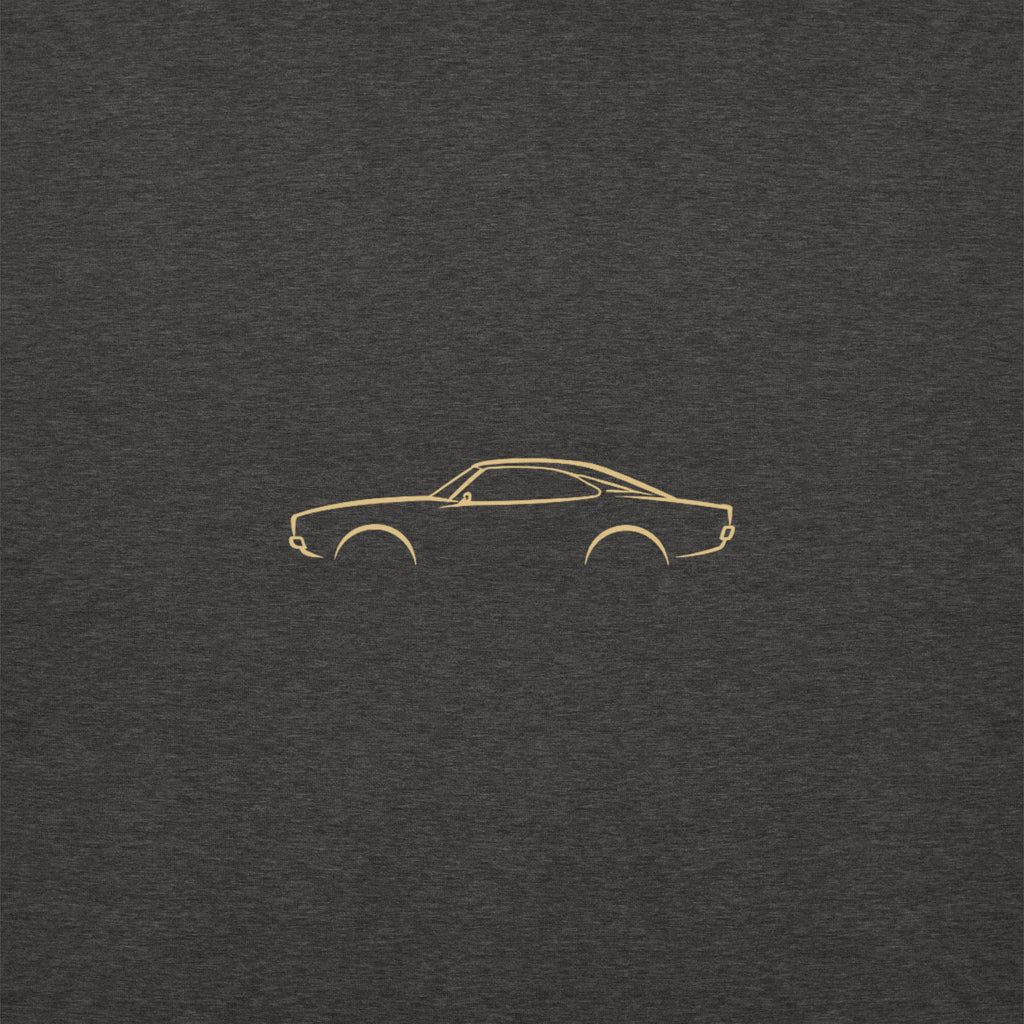 Dodge Charger (1969) Premium Sweatshirt — Core Colors in Charcoal Heather — close-up of the car drawing on fabric