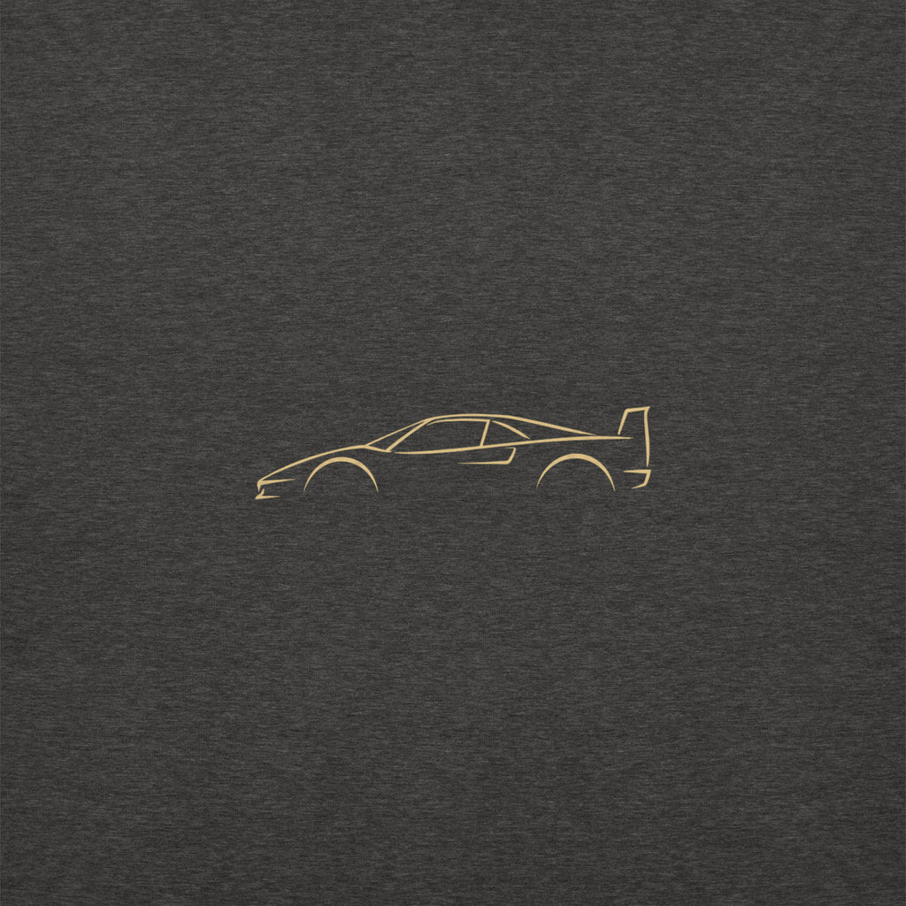 Ferrari F40 Premium Sweatshirt — Core Colors in Charcoal Heather — close-up of the car drawing on fabric