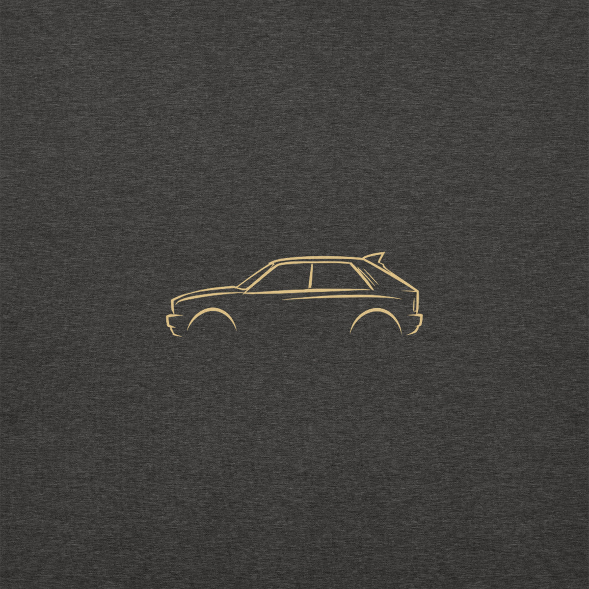 Lancia Delta Integrale Evo Premium Sweatshirt — Core Colors in Charcoal Heather — close-up of the car drawing on fabric