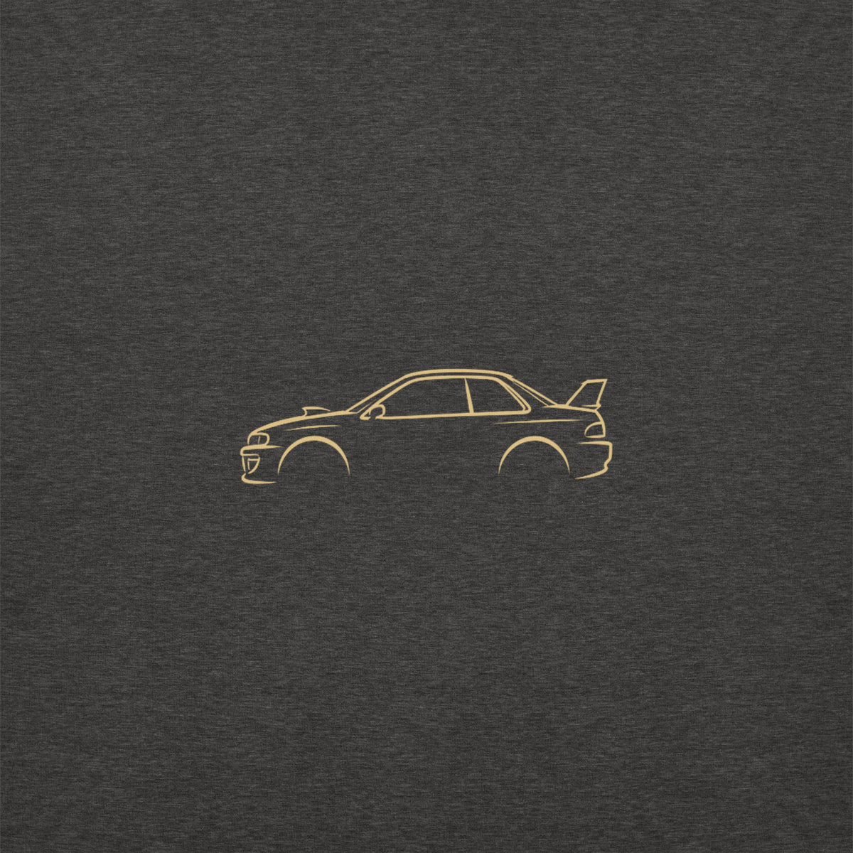 Subaru Impreza 22B Premium Sweatshirt — Core Colors in Charcoal Heather — close-up of the car drawing on fabric