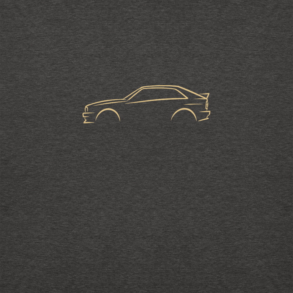 Audi Ur-quattro Premium Sweatshirt — Core Colors in Charcoal Heather — close-up of the car drawing on fabric